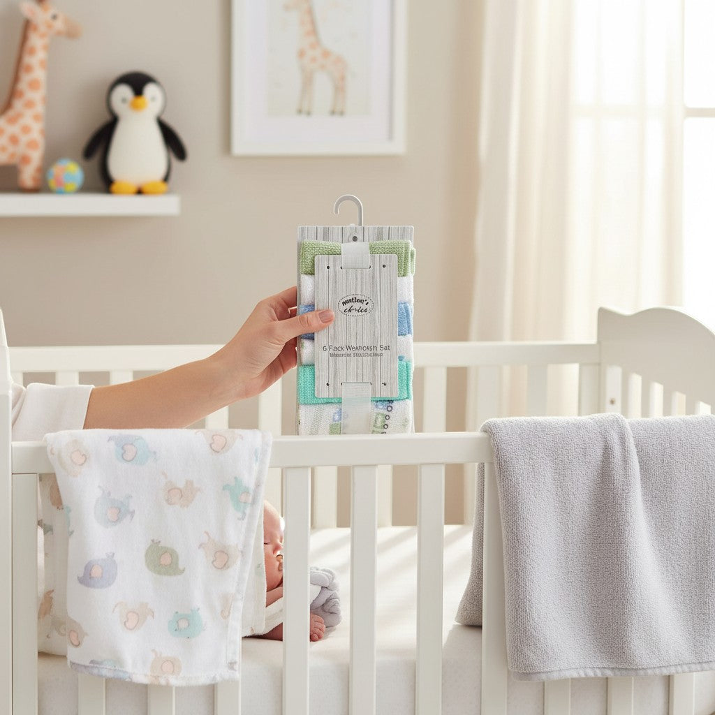 Stork And Baby Mothers Choice 6 pack washcloth set in blue and white train design, soft cotton for baby care.