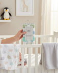 Stork And Baby Mothers Choice 6 pack washcloth set in blue and white train design, soft cotton for baby care.