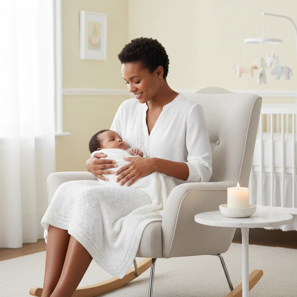 Stork And Baby Mothers Choice white acrylic baby shawl draped over a mother holding her newborn in a nursery chair.