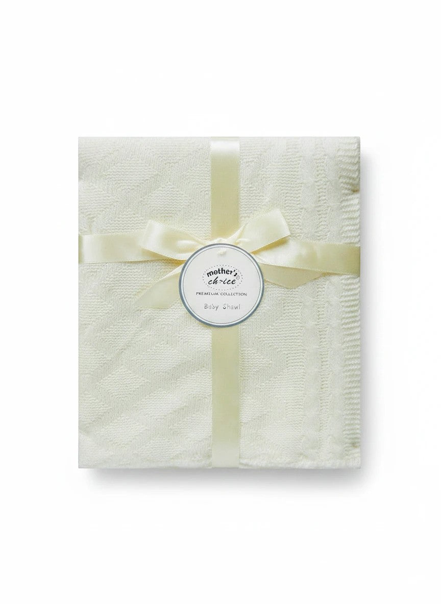 Stork And Baby Mothers Choice 100% acrylic white baby shawl with a soft knit texture and elegant ribbon gift wrap.
