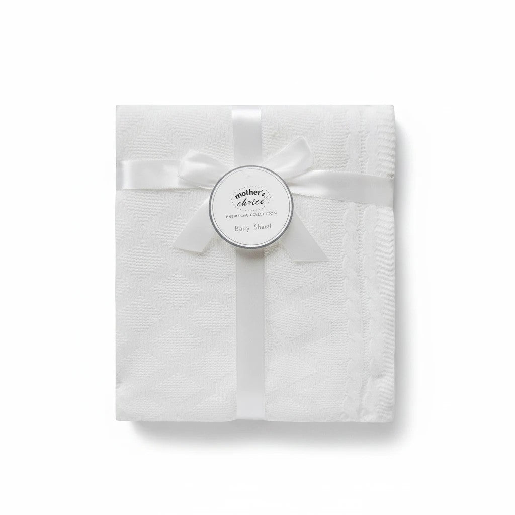 Stork And Baby Mothers Choice white 100% acrylic baby shawl with textured knit pattern and elegant ribbon gift wrap.