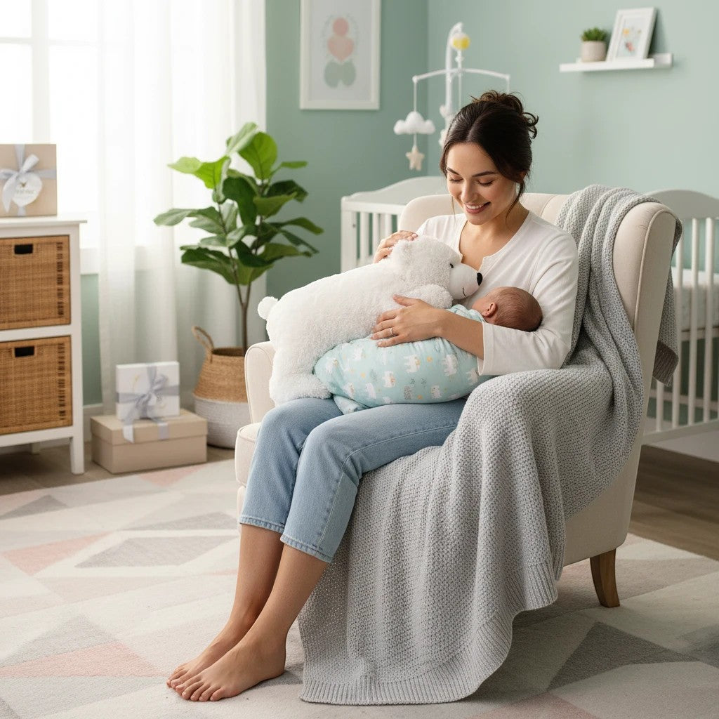 Stork And Baby Mothers Choice white plush polar bear cushion blanket held by a mother with her baby in a nursery.
