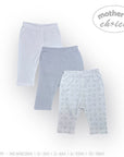 Stork And Baby Mothers Choice 3 pack white and grey baby leggings with open feet and playful print. Soft cotton blend.