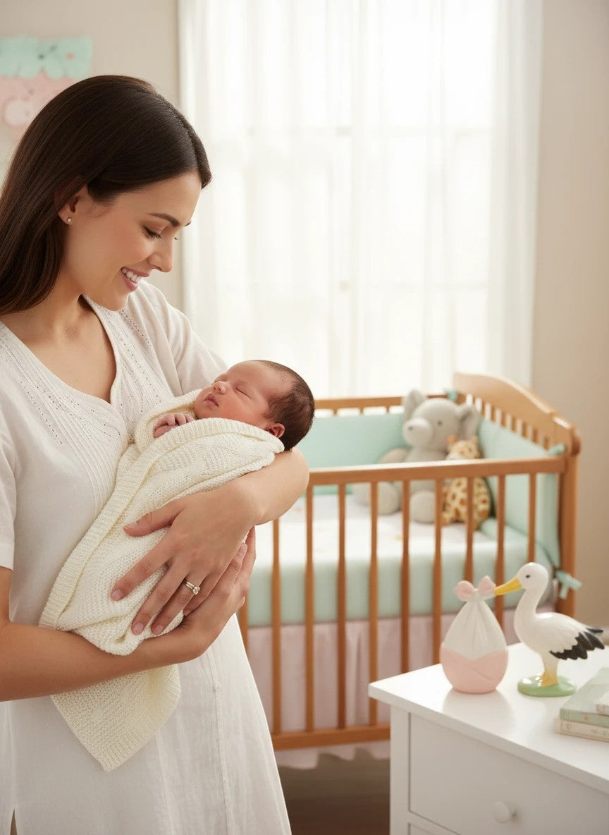 Stork And Baby Mothers Choice cream knitted shawl wrapping a sleeping newborn held by a smiling mother in a nursery.