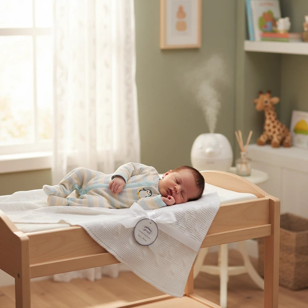 Stork And Baby Mothers Choice white knitted shawl draped over a changing table with a sleeping baby in a nursery.