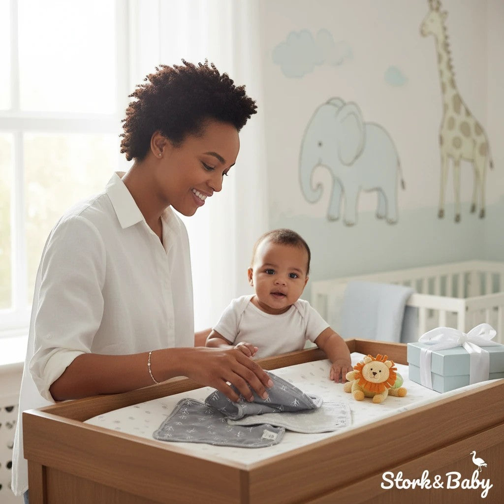 Stork &amp; Baby Mothers Choice grey bamboo 3-pack facecloths with leaf pattern, 70% bamboo, 20% cotton, 10% poly.