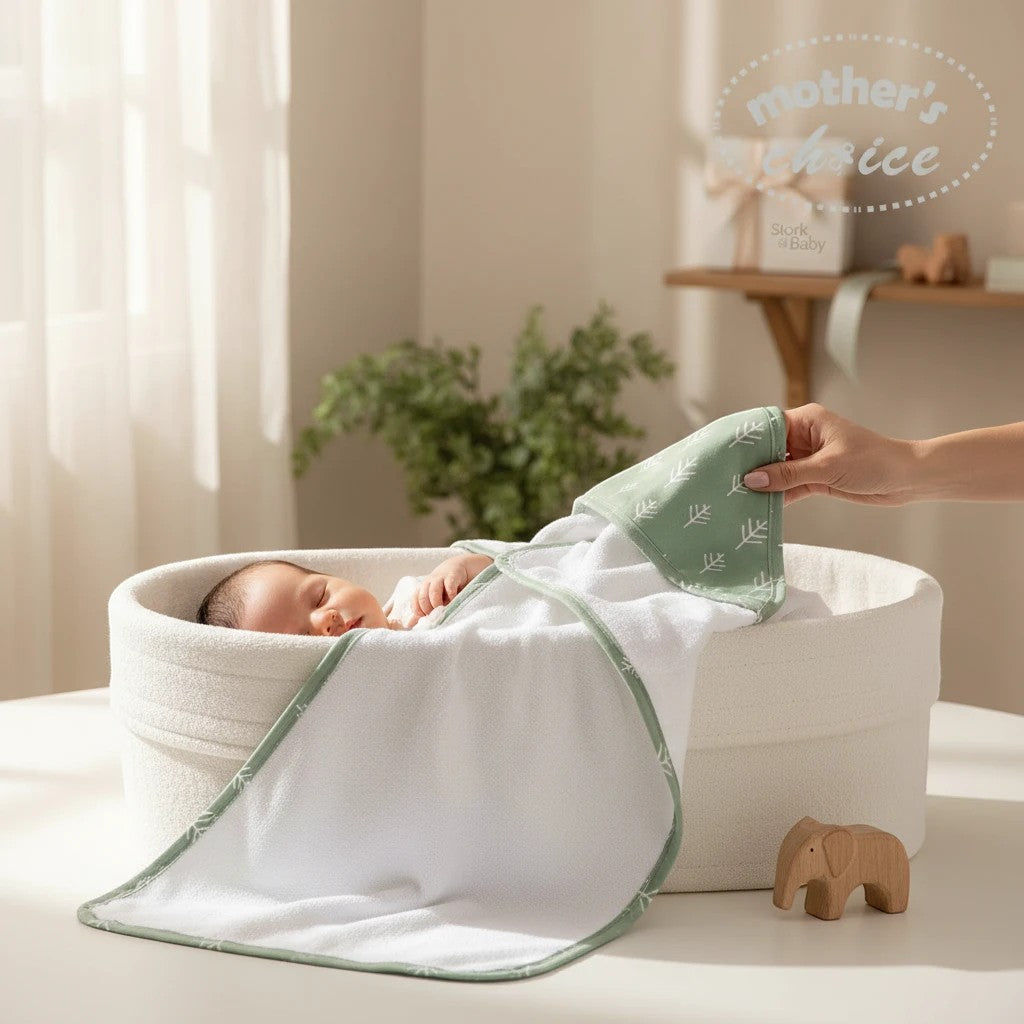 Stork And Baby Mothers Choice sage green bamboo hooded towel with leaf print, 75x75cm, for babies.