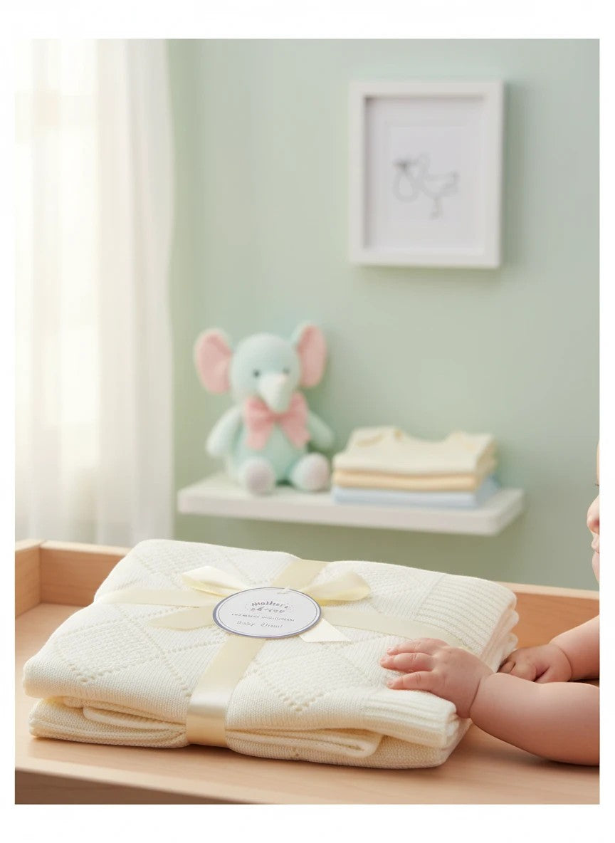 Stork And Baby Mothers Choice beige 100% cotton baby shawl with diamond knit texture, tied with a ribbon on a table.