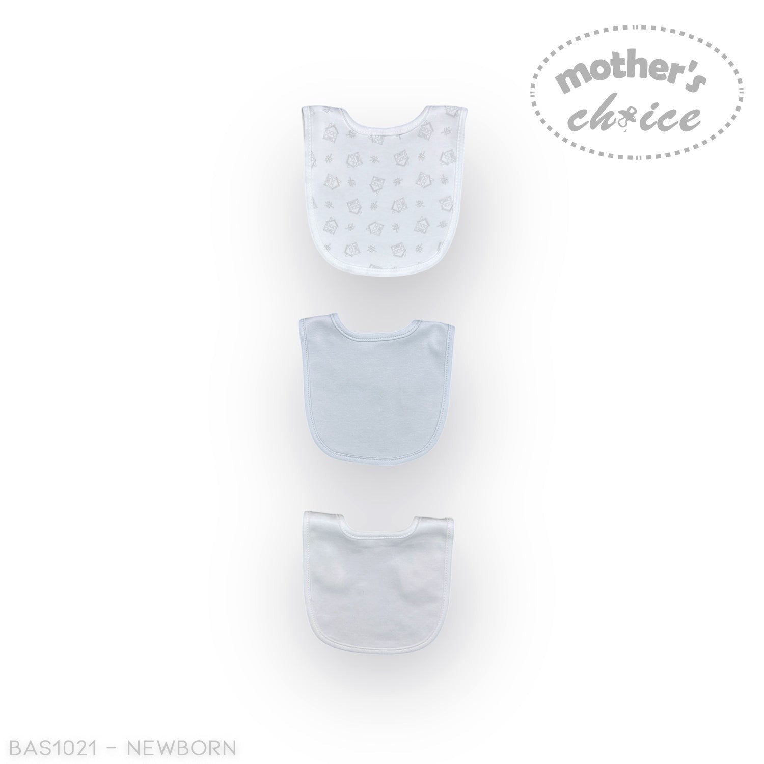 Stork And Baby Mothers Choice 3 pack of soft cotton baby bibs in white and light blue, one with a subtle animal print.