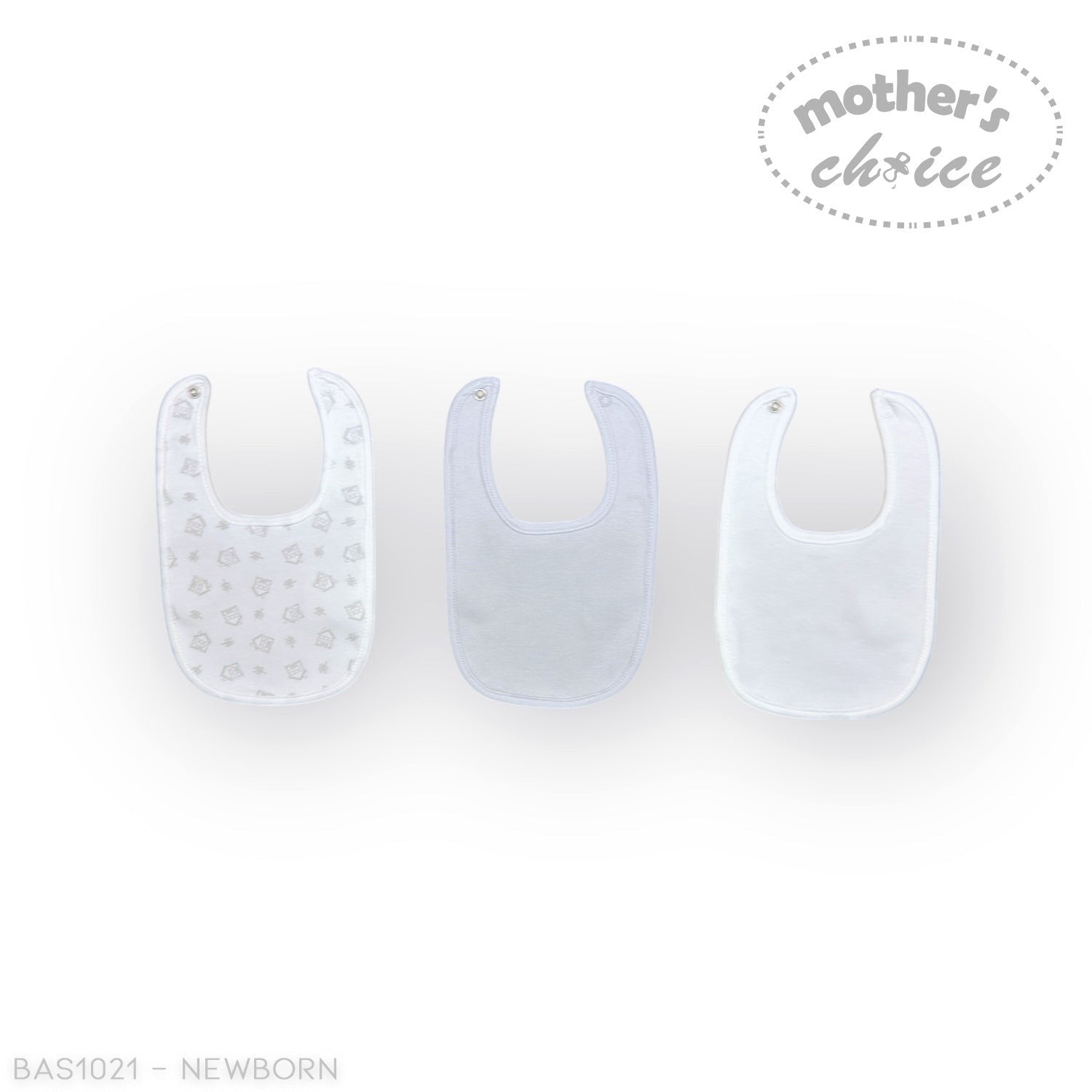 Stork And Baby Mothers Choice 3 pack of white baby bibs, one with a subtle grey animal print.