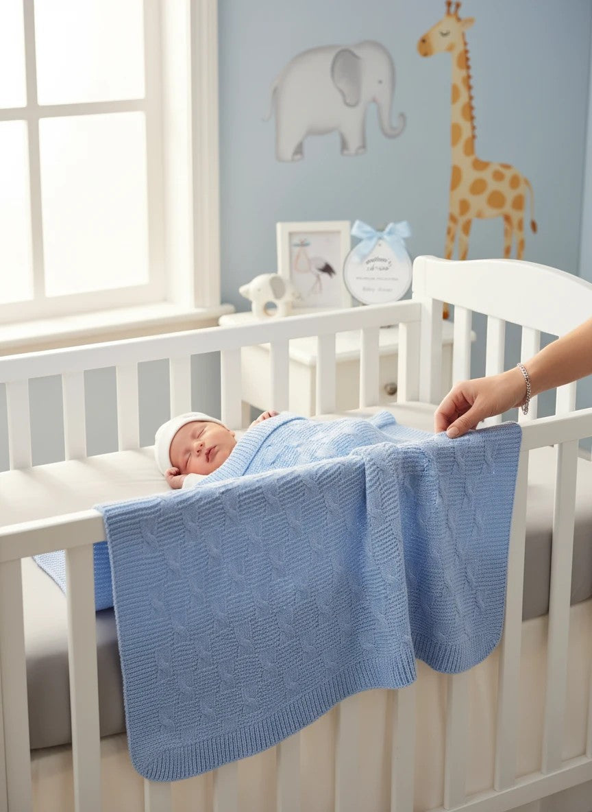 Stork And Baby Mothers Choice blue cable-knit baby shawl in a nursery cot with a sleeping newborn.