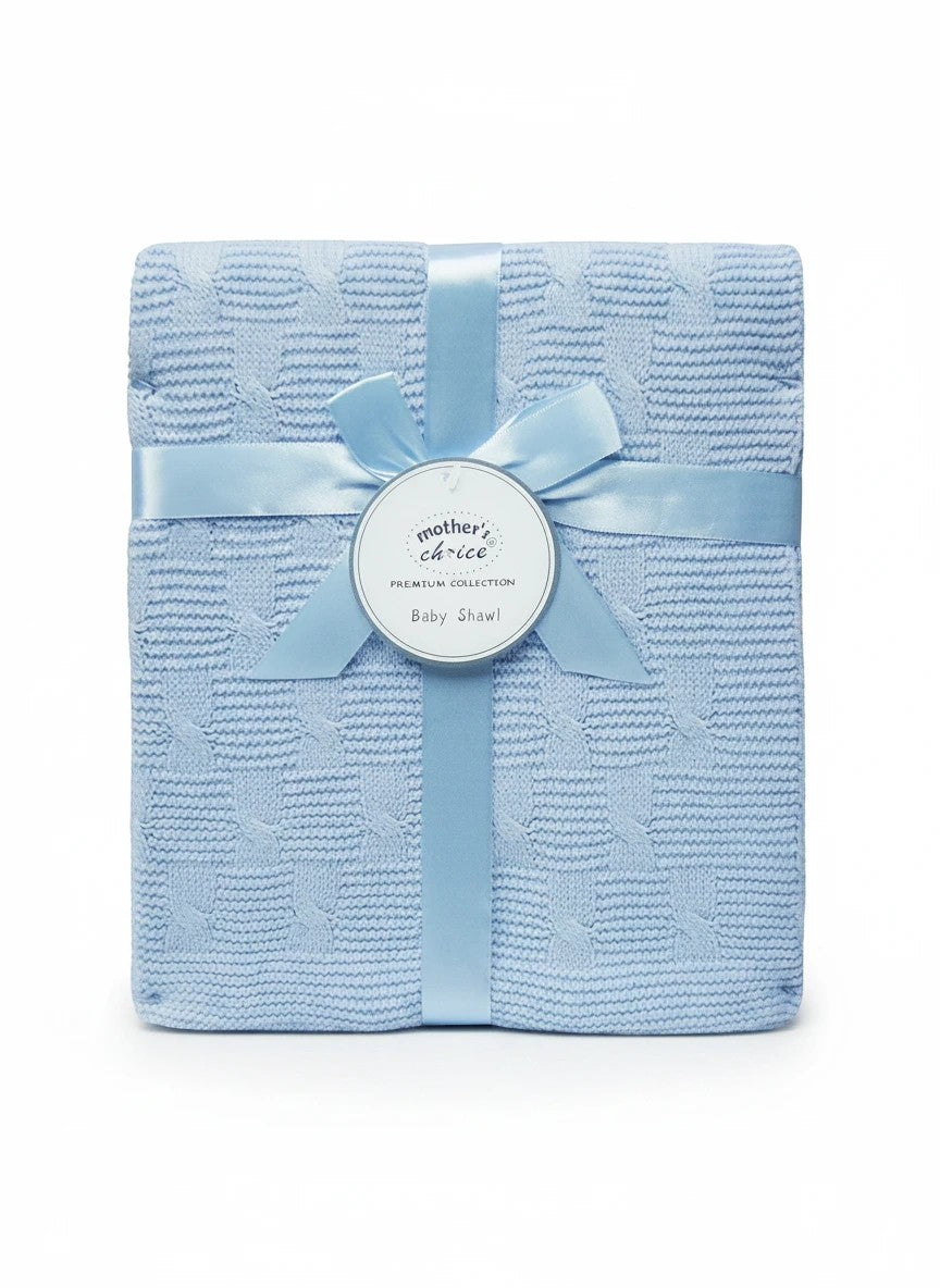 Stork And Baby Mothers Choice light blue knitted baby shawl with cable texture, tied with a matching satin ribbon.