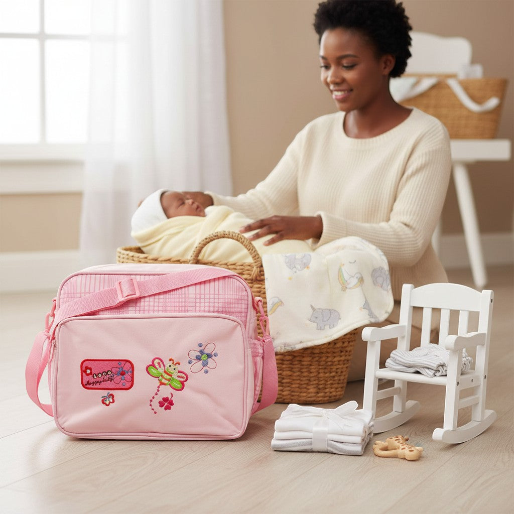 Mothers Choice Butterfly Daypack Pink diaper bag with front butterfly embroidery, plaid pattern, and adjustable strap. Stork And Baby.