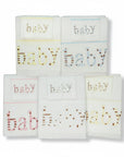 Stork And Baby Mothers Choice 3 piece cot sheet set in white with colourful embroidered baby text and giraffe motifs.