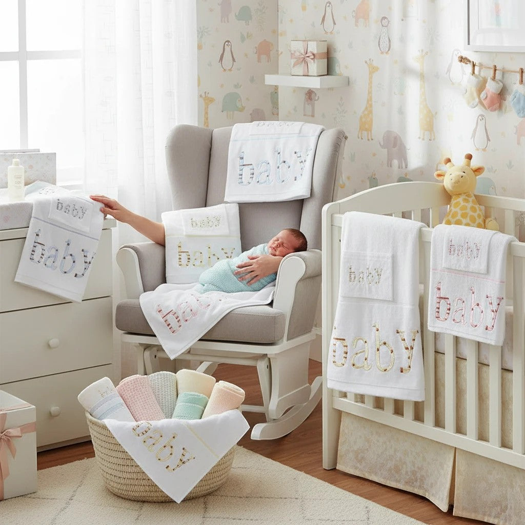 Stork And Baby Mothers Choice 3 piece cot sheet set in white with embroidered baby text in a cozy nursery setting.