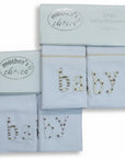 Stork And Baby Mothers Choice 2 pack white cotton baby pillowcases with embroidered baby text and tan trim detail.