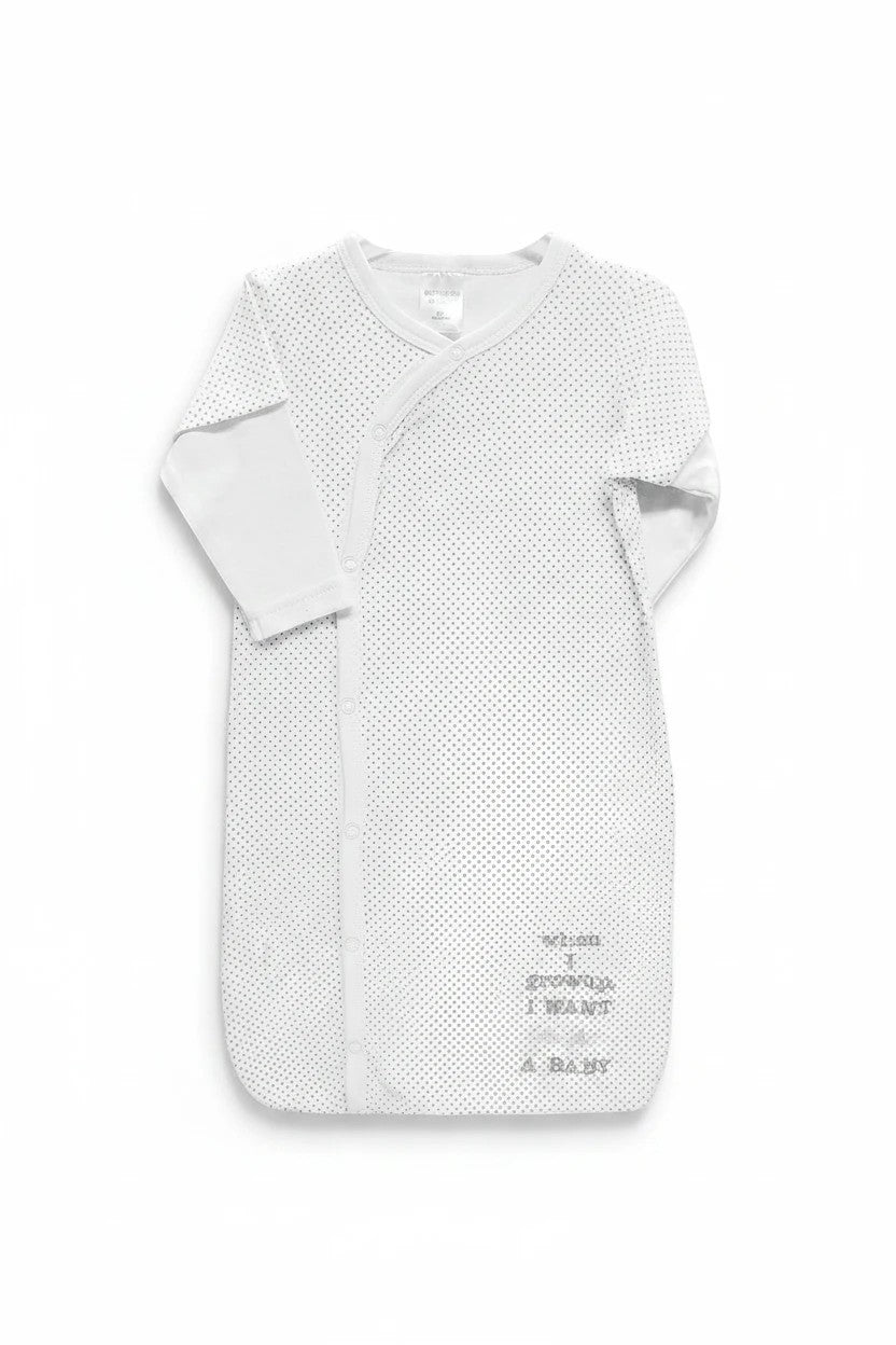Stork And Baby Mothers Choice white cotton baby sleeping bag with grey polka dots and playful text print.