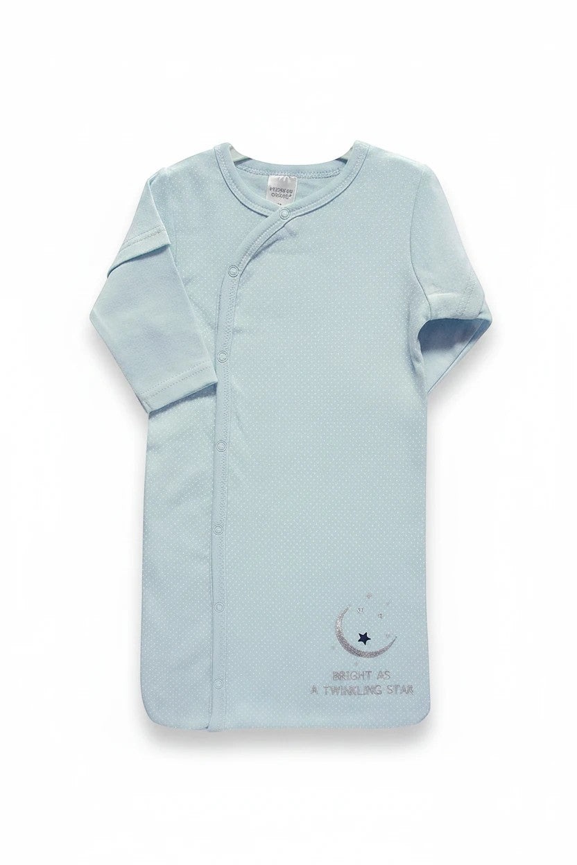 Stork And Baby Mothers Choice light blue cotton baby sleeping bag with moon and star print and snap button closure.