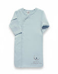 Stork And Baby Mothers Choice light blue cotton baby sleeping bag with moon and star print and snap button closure.