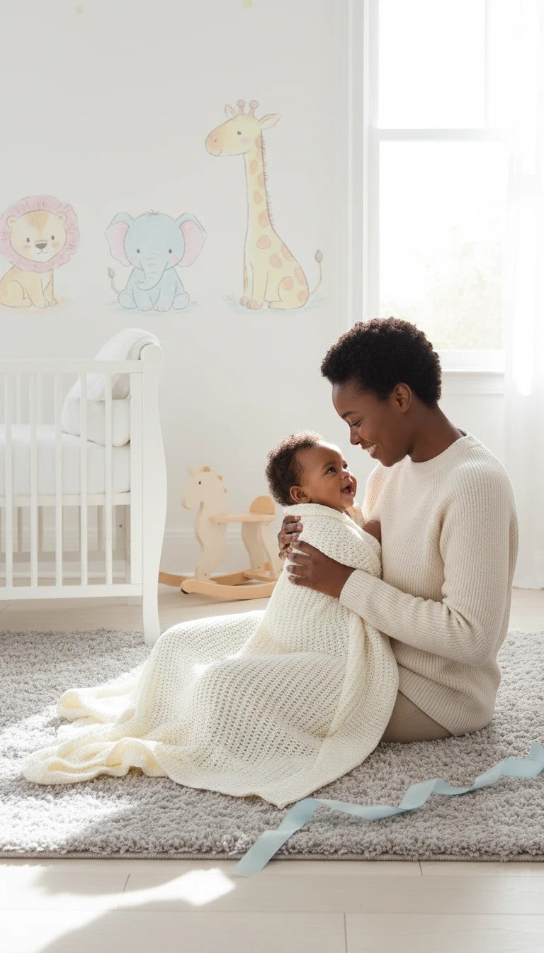 Stork And Baby Mothers Choice ecru cellular blanket made of 100% cotton, used by a mother to swaddle her happy baby.