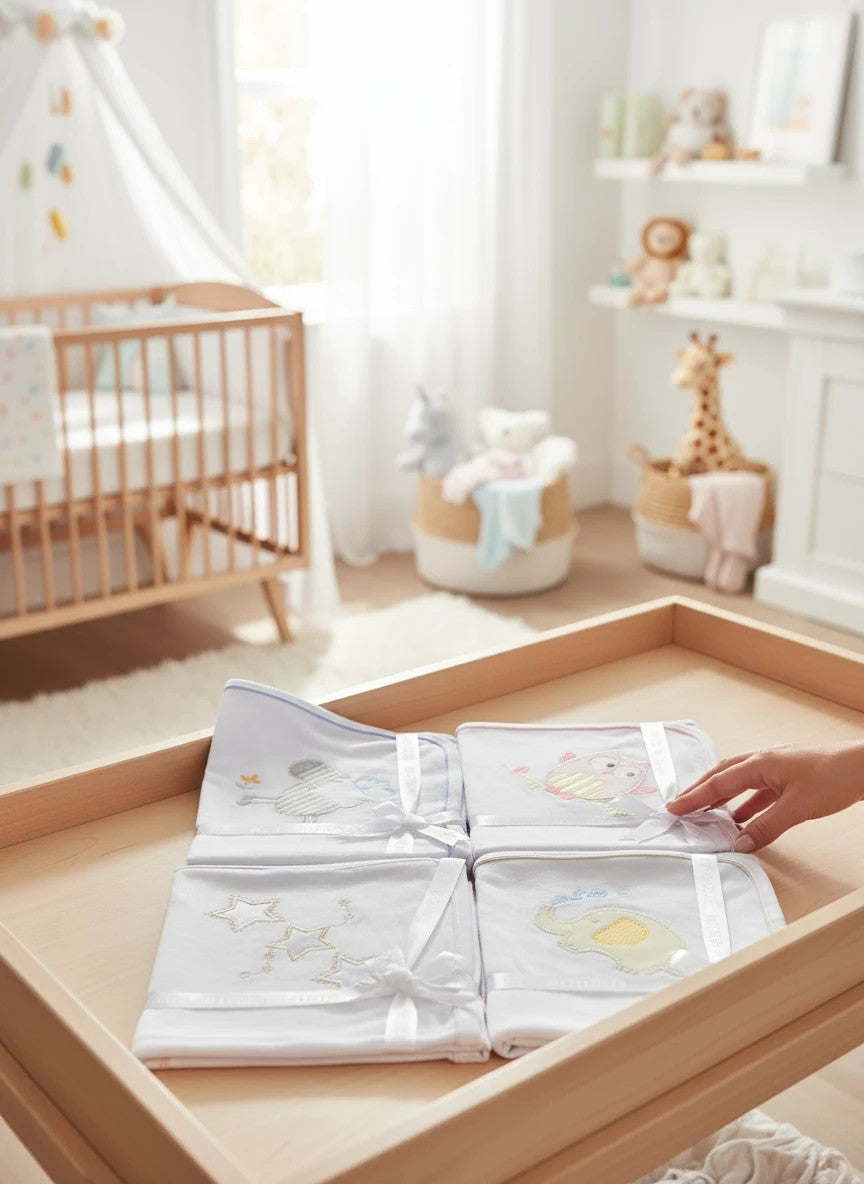 Stork And Baby Mothers Choice cotton jersey baby wraps with cute creature embroidery in a cozy nursery setting.