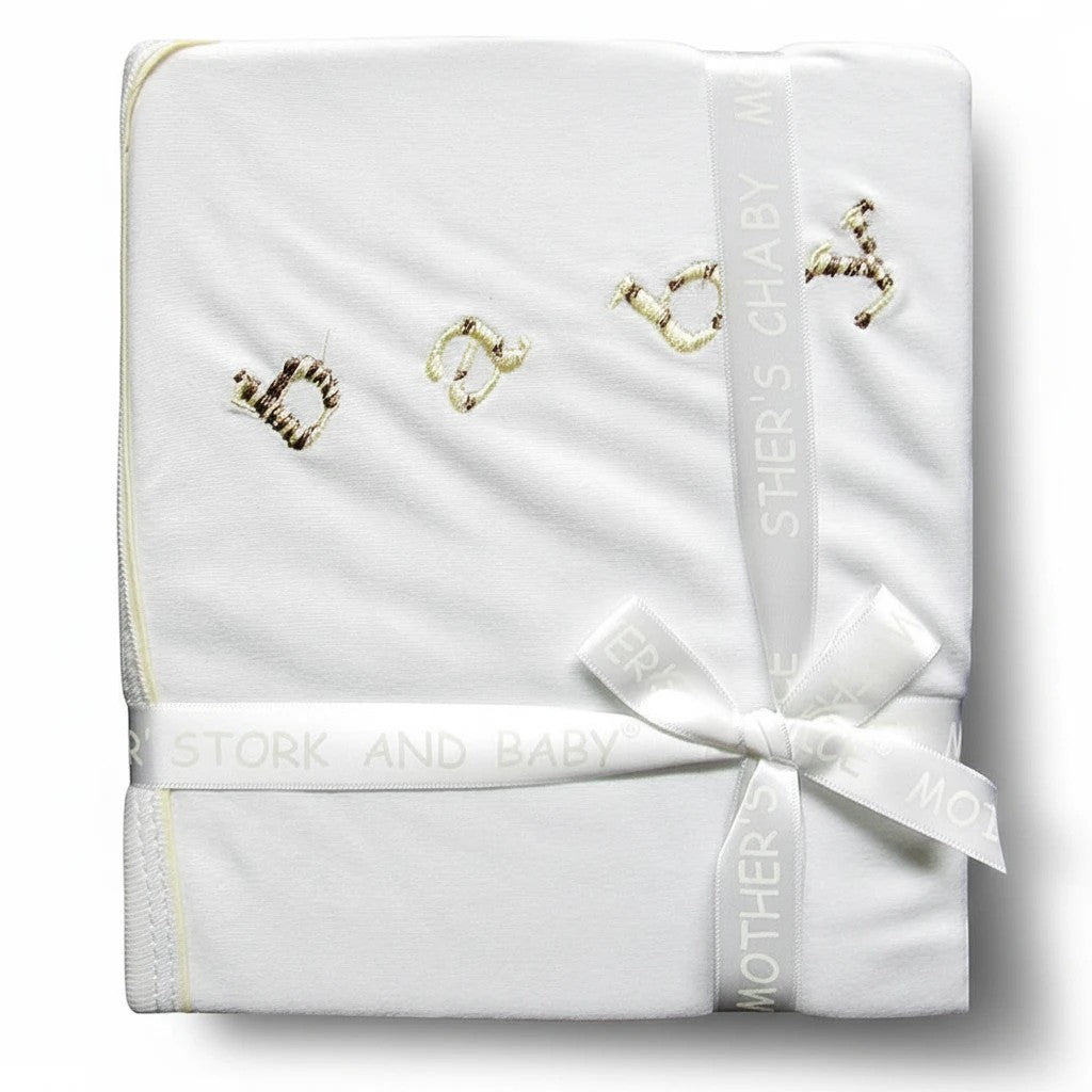 Stork And Baby Mothers Choice beige 100% cotton jersey baby wrap folded with a ribbon and embroidered baby text
