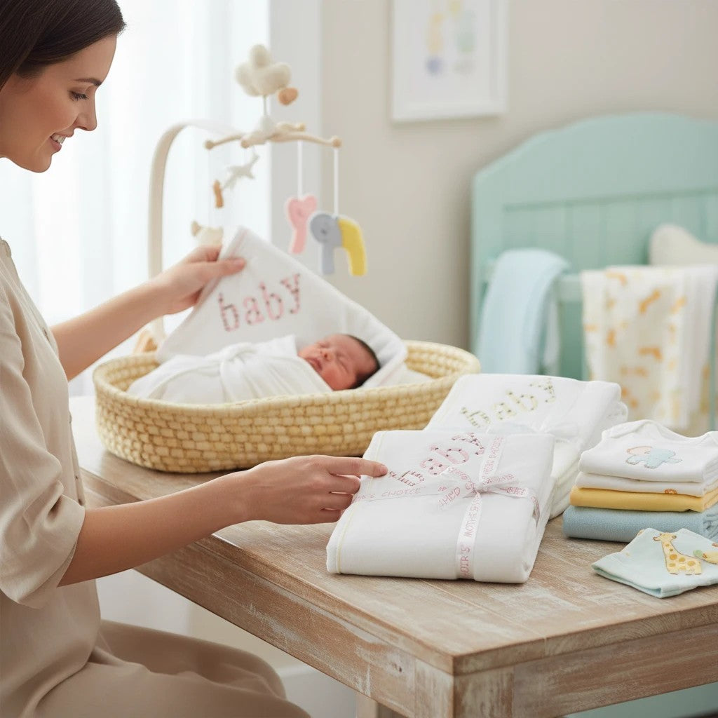 Stork And Baby Mothers Choice cotton jersey baby wrap in a nursery setting with a swaddled newborn in a basket