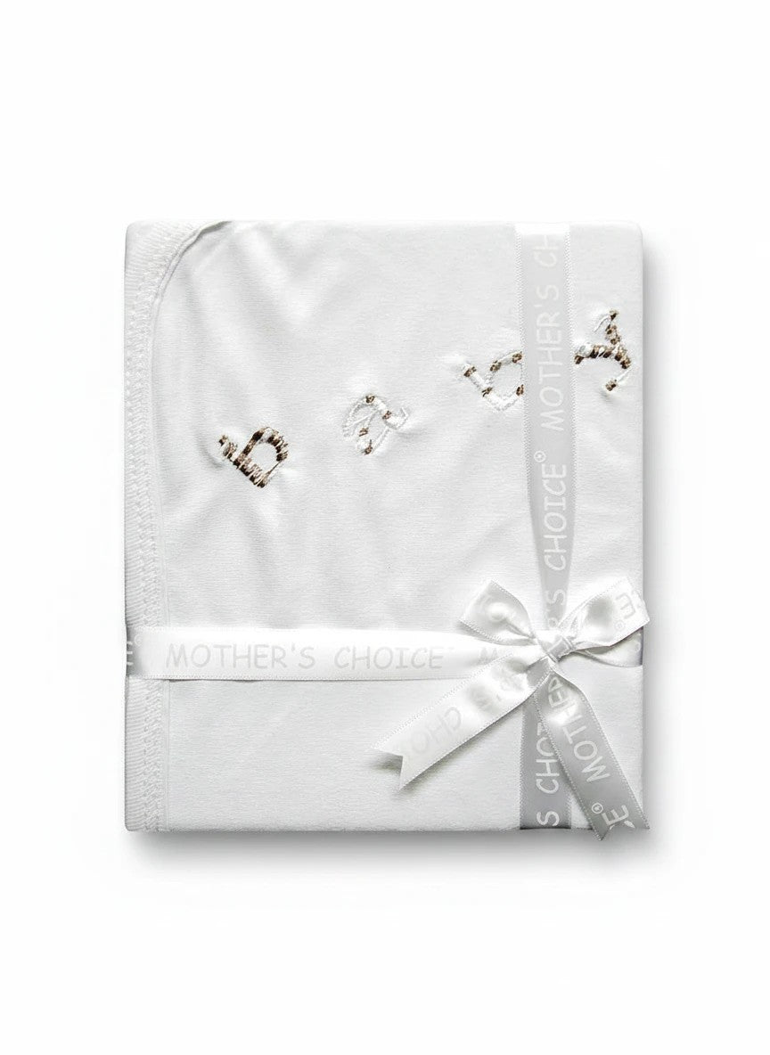 Stork And Baby Mothers Choice white 100% cotton jersey baby wrap with embroidered baby detail and branded ribbon