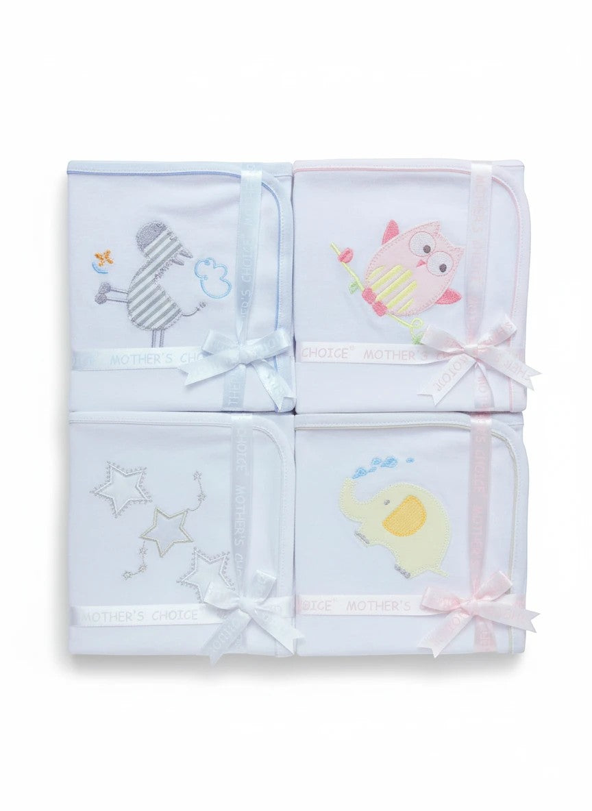 Stork And Baby Mothers Choice 100% cotton jersey baby wraps with embroidered creature designs and ribbon ties.
