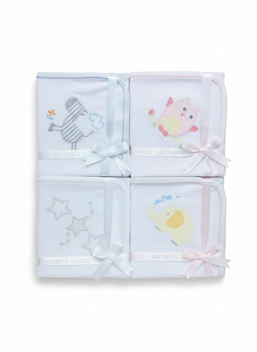 Stork And Baby Mothers Choice 100% cotton jersey baby wraps featuring embroidered creature designs in a 4-pack set.