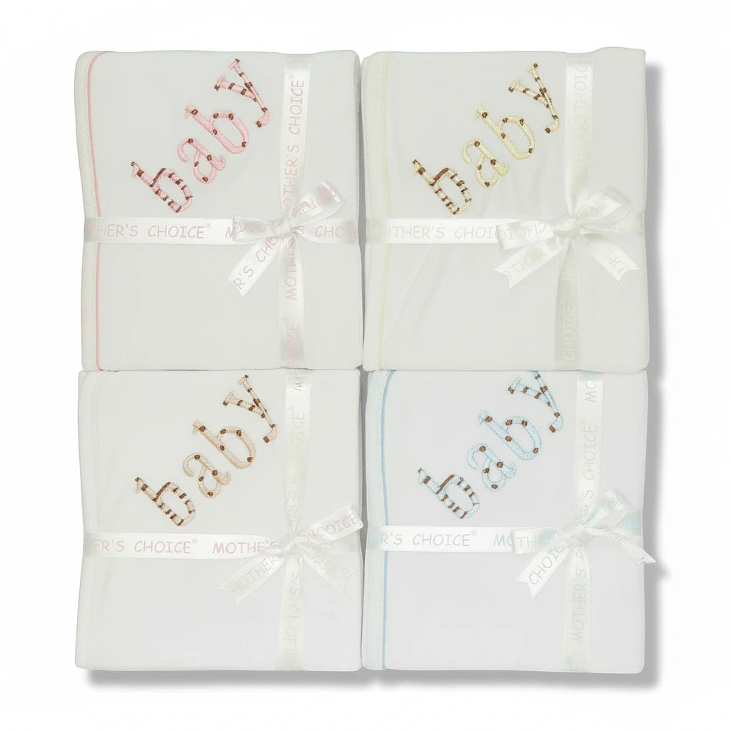 Stork And Baby Mothers Choice 100% cotton jersey baby wraps in four colors with embroidered baby text and ribbon ties.