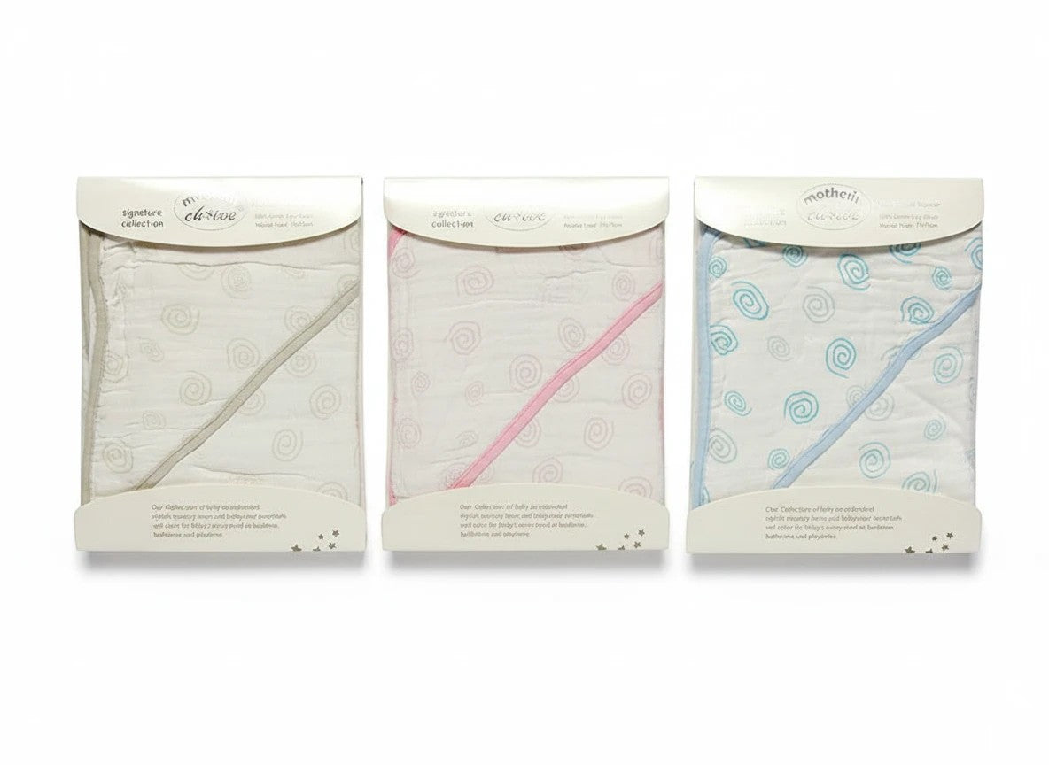 Stork And Baby Mothers Choice 100% cotton muslin hooded receivers in grey, pink, and blue swirl patterns.