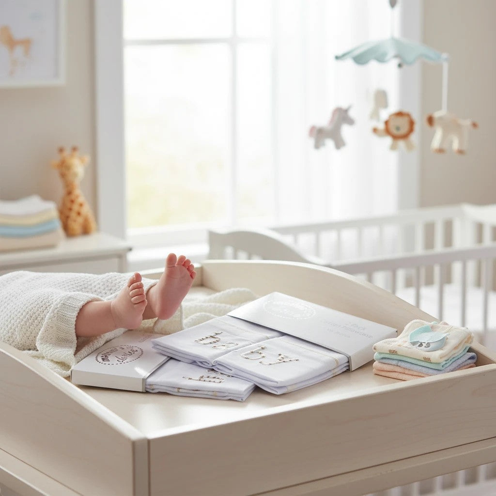 Stork And Baby Mothers Choice 2 pack white cotton pillow cases on a nursery changing table with baby feet visible