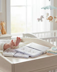 Stork And Baby Mothers Choice 2 pack white cotton pillow cases on a nursery changing table with baby feet visible