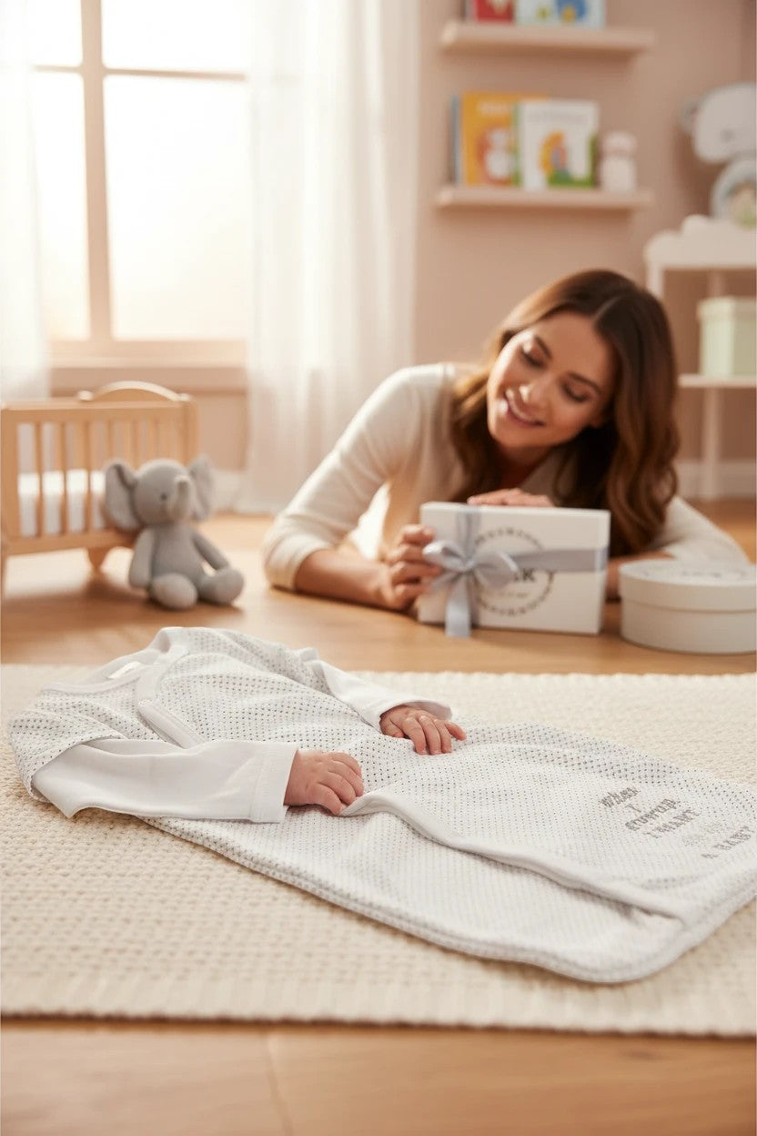 Stork And Baby Mothers Choice cotton baby sleeping bag with playful text in a cozy nursery setting with a smiling mother