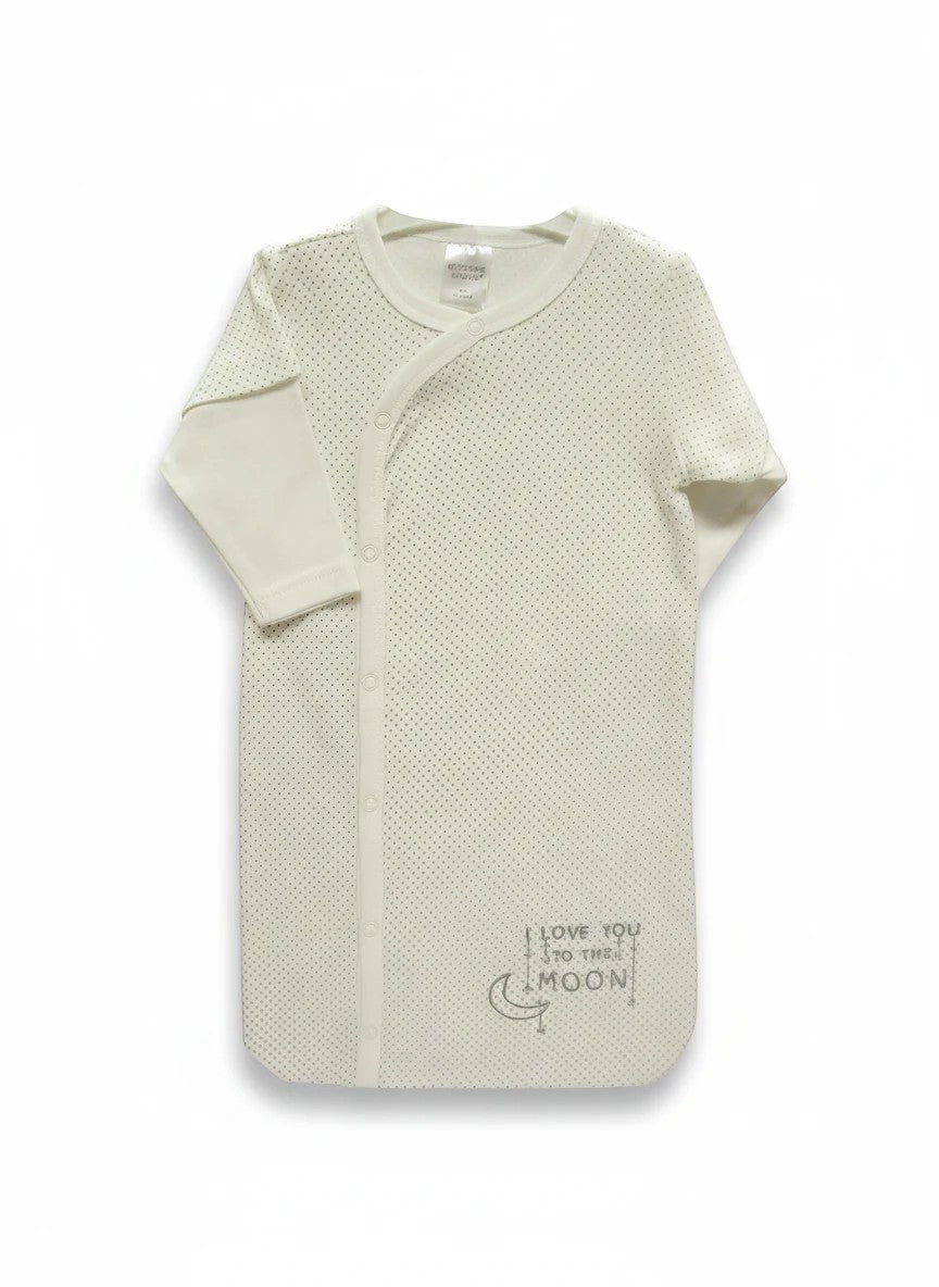 Stork And Baby Mothers Choice cotton baby sleeping bag in cream with moon print and side snap closure for easy access.