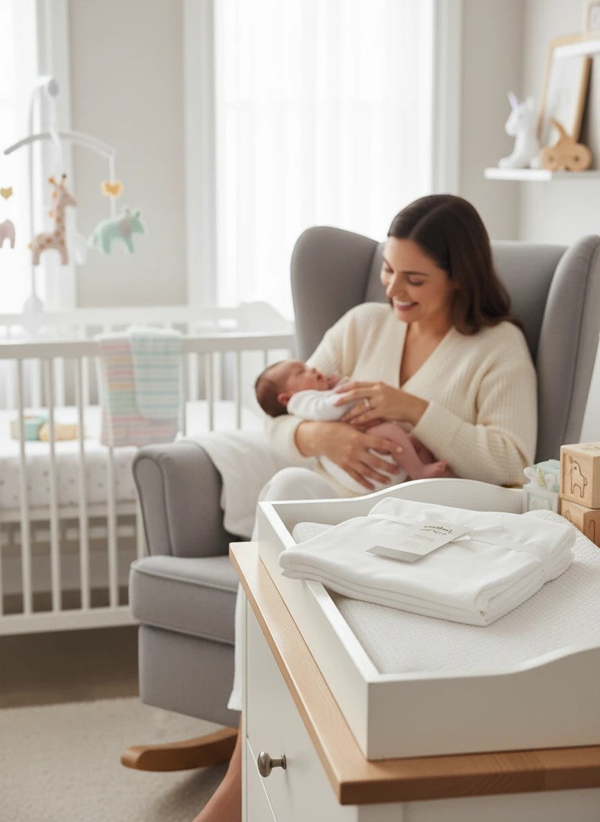 Stork And Baby Mothers Choice 100% cotton white receiving blanket folded on a nursery dresser with mother and baby