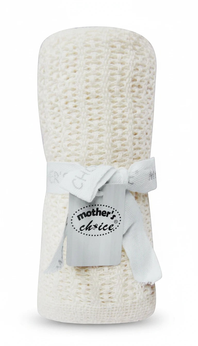 Stork And Baby Mothers Choice ecru 100% cotton cellular baby blanket with a classic breathable weave and ribbon tie.