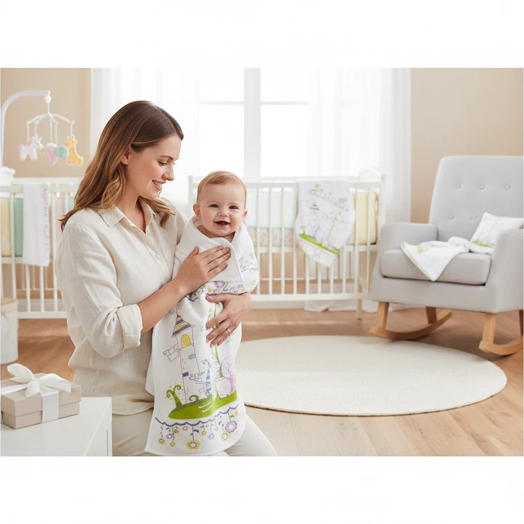 Stork And Baby Mothers Choice infants cutwork blanket with fairytale print, wrapped around a smiling baby held by mom.