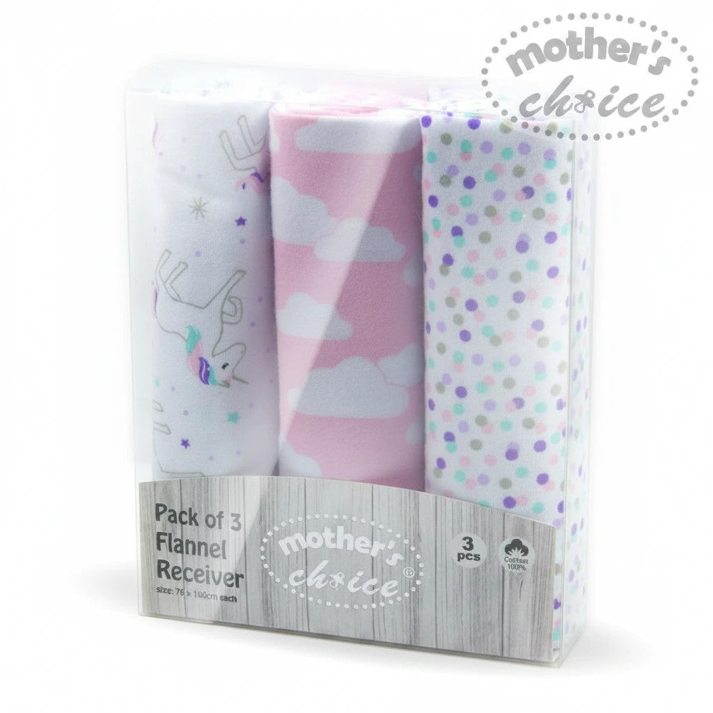Stork And Baby Mothers Choice 3 pack flannel baby blankets featuring unicorn, cloud, and polka dot prints.