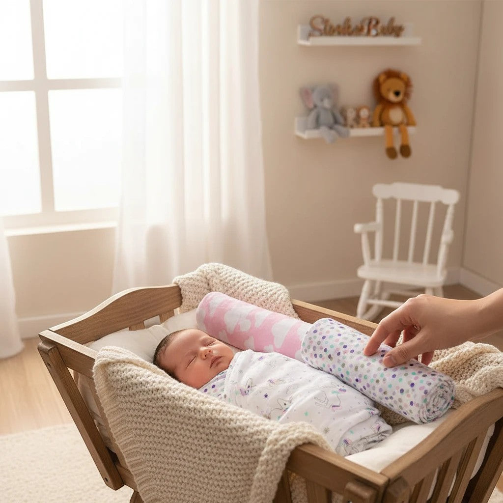 Stork And Baby Mothers Choice flannel baby blankets in unicorn and polka dot prints, swaddling a sleeping newborn.