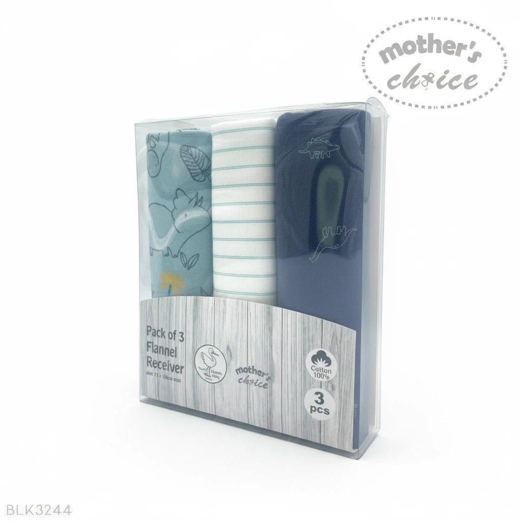 Stork And Baby Mothers Choice 3-pack flannel baby receiver blankets in grey, blue, and white with dinosaur prints.