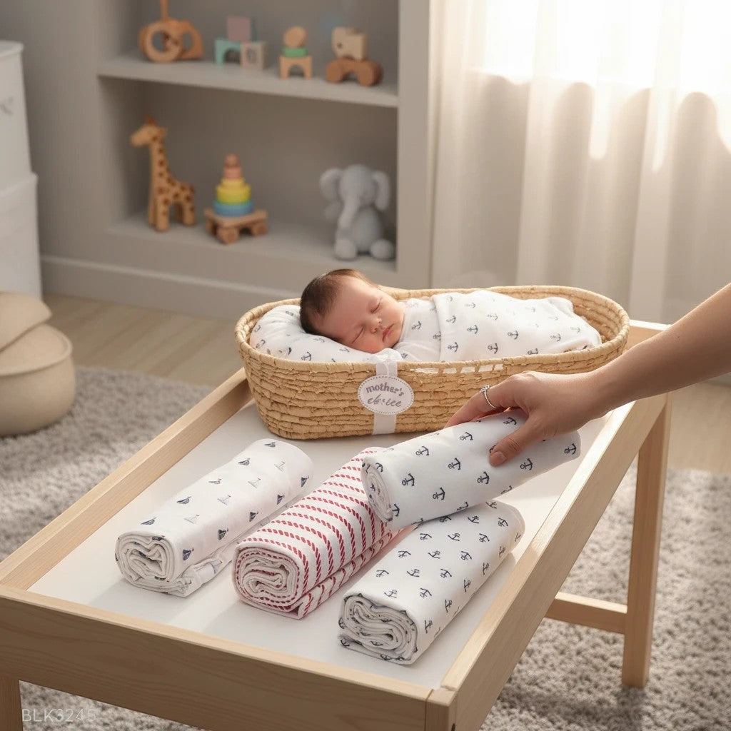 Stork And Baby Mothers Choice flannel baby receiver blankets with nautical anchor and stripe prints in a nursery.