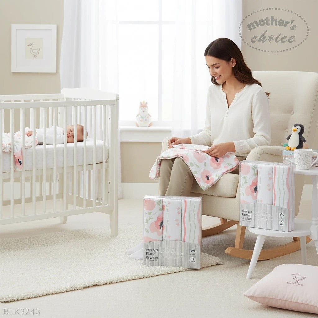 Stork And Baby Mothers Choice soft flannel baby receiver blankets with tulip print in a cozy nursery setting.