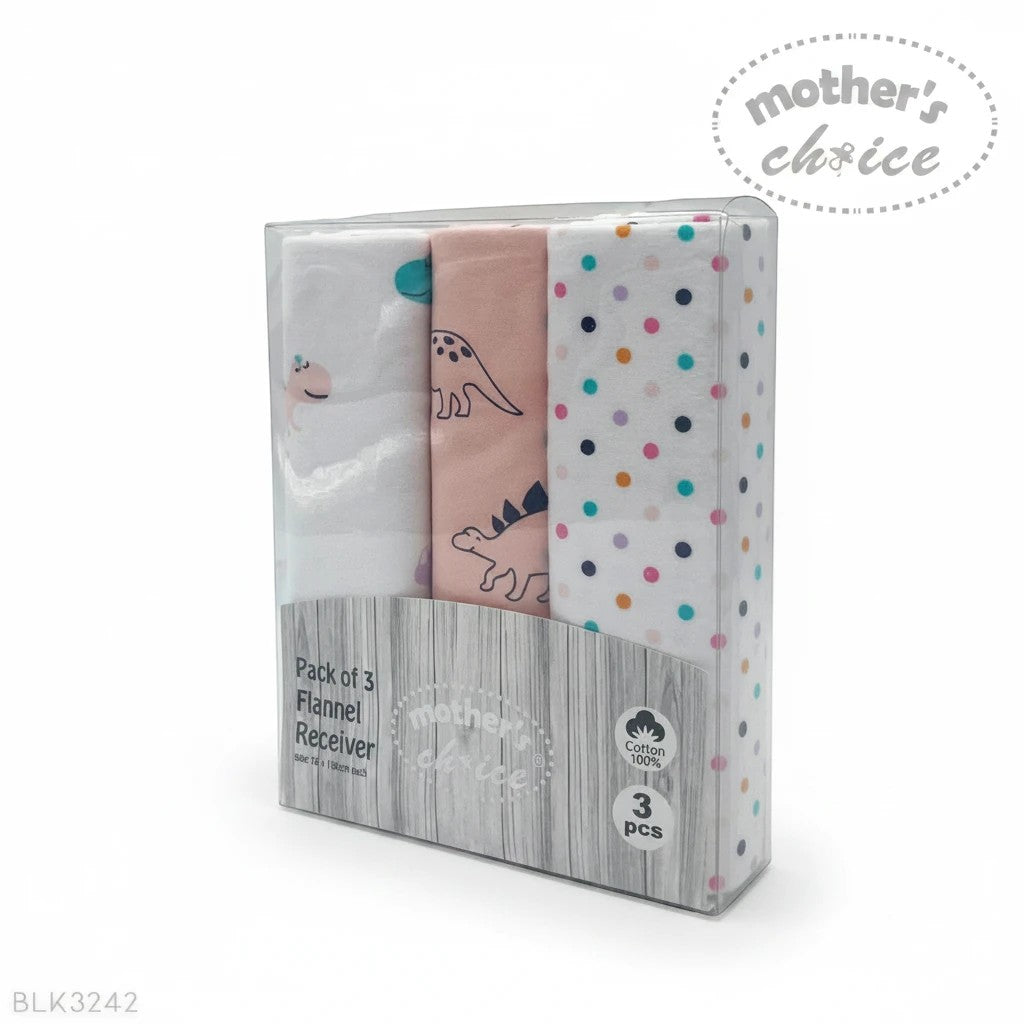 Stork And Baby Mothers Choice 3-pack baby flannel receiver blankets with pink dinosaur and polka dot patterns.