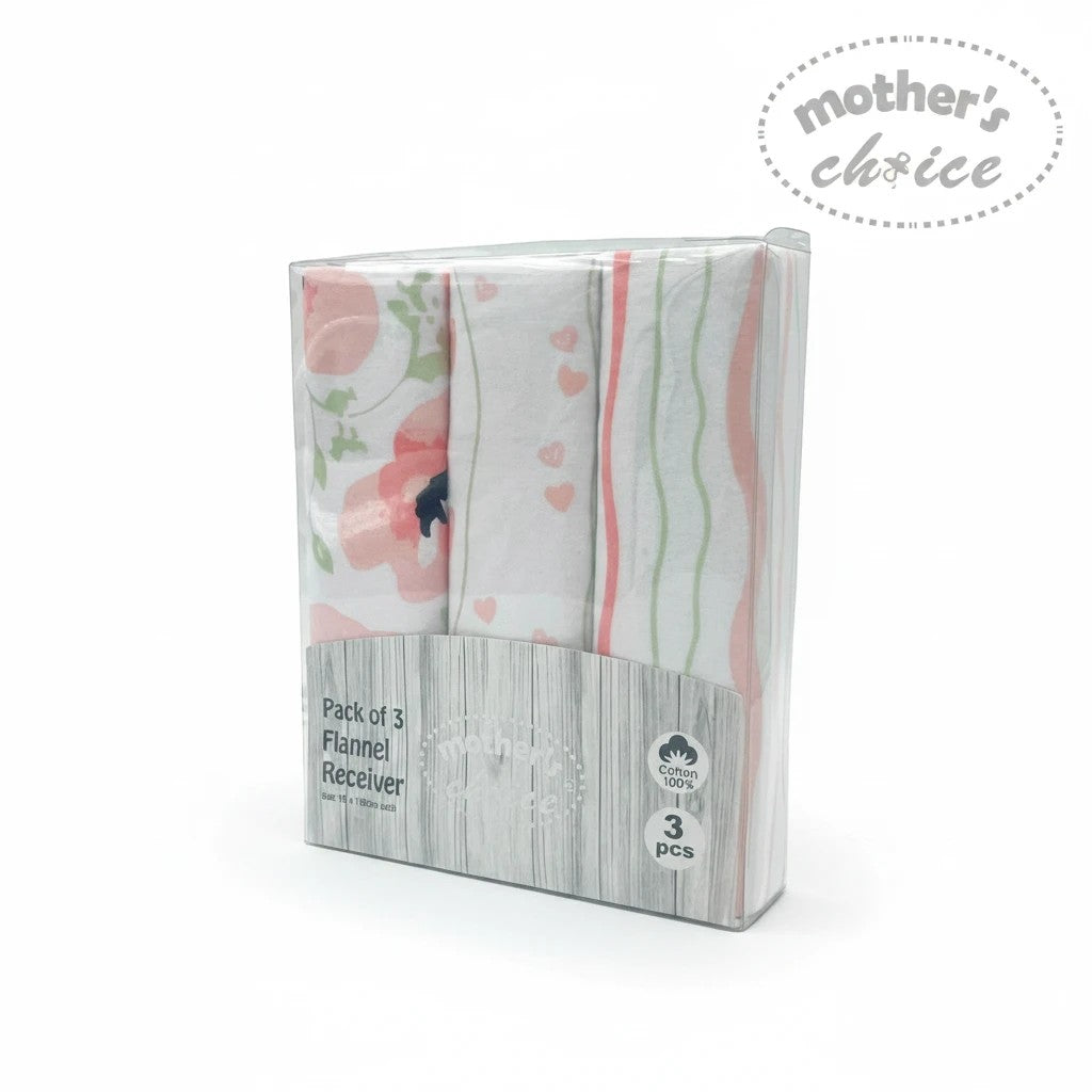 Stork And Baby Mothers Choice pack of 3 soft cotton flannel baby receiver blankets with tulip and heart patterns