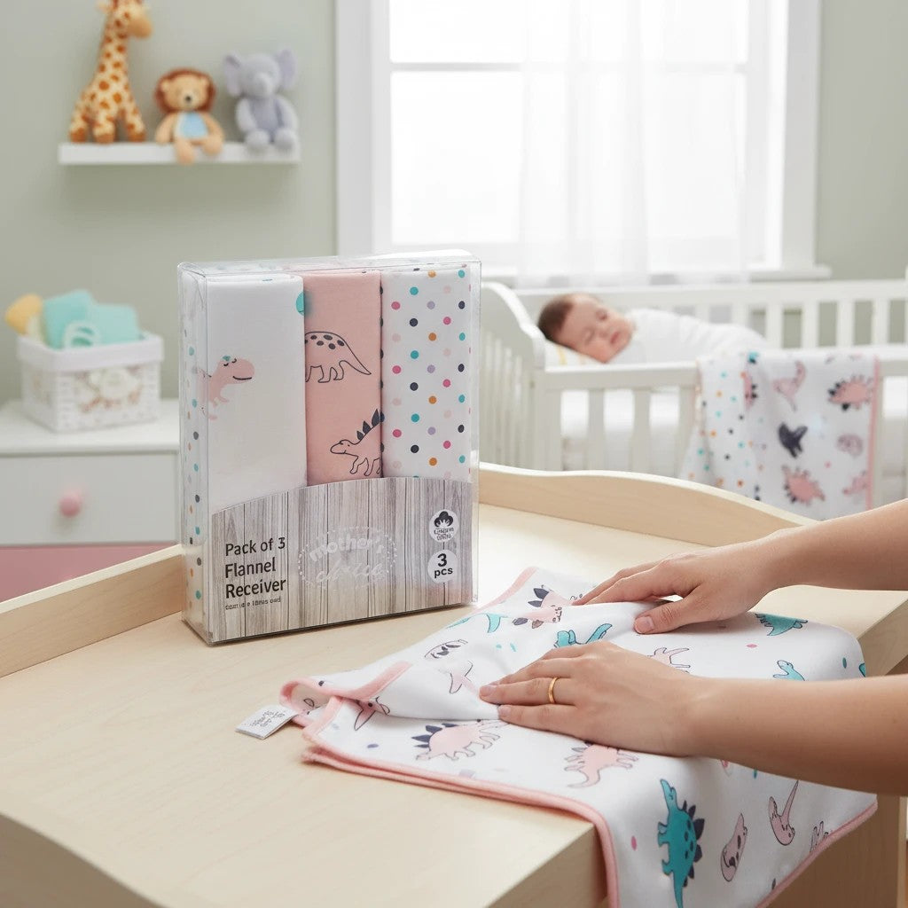 Stork And Baby Mothers Choice 3-pack pink dinosaur flannel baby receiver blankets for swaddling and nursery comfort.
