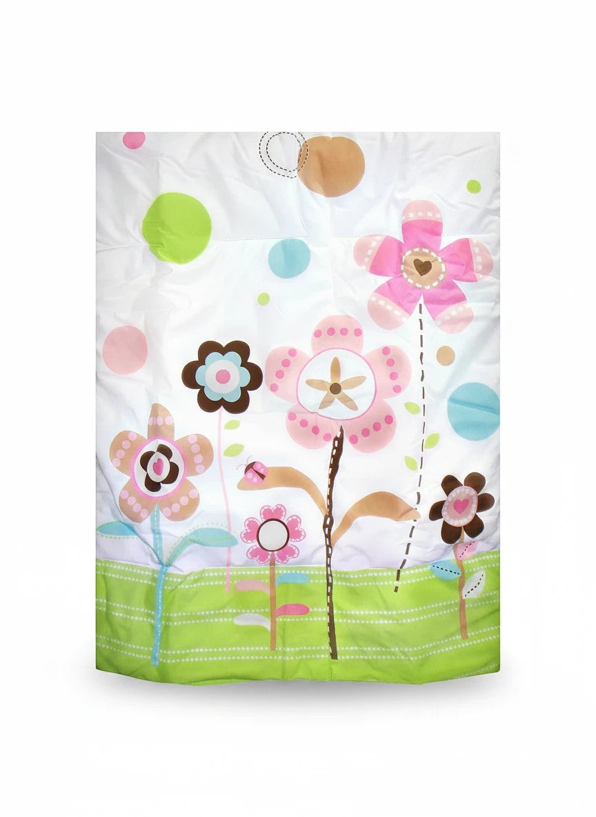 Stork And Baby Mothers Choice baby quilt featuring a white background with colorful floral and polka dot patterns.
