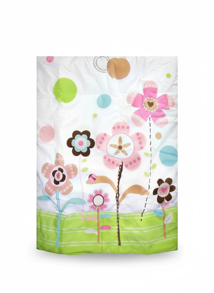 Stork And Baby Mothers Choice baby quilt featuring a white background with colorful floral and polka dot patterns.