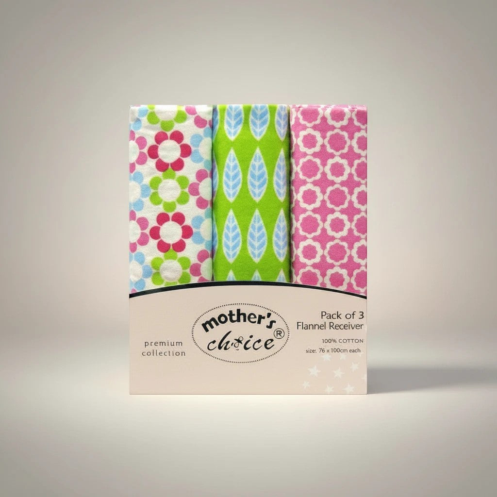 Stork And Baby Mothers Choice 3-pack floral cotton receiving blankets in pink, green, and blue patterns.